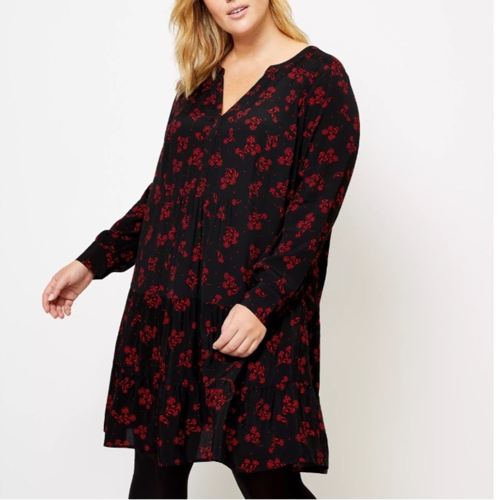 Ann Taylor LOFT | Garden Split Neck Swing Dress Floral Red Black Tiered Babydoll - Picture 3 of 11